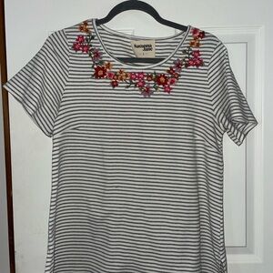 Savanna Jane Gray and White Cotton Striped ShortSleeveTop with Floral Embroidery